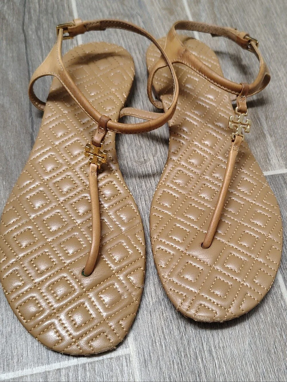 Tory Burch Quilted Tan T-Strap Sandals